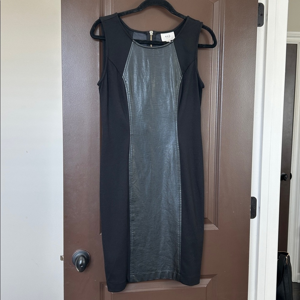 ECI New York Black Faux Leather Mini Dress | Exposed Gold Zipper | Size 6